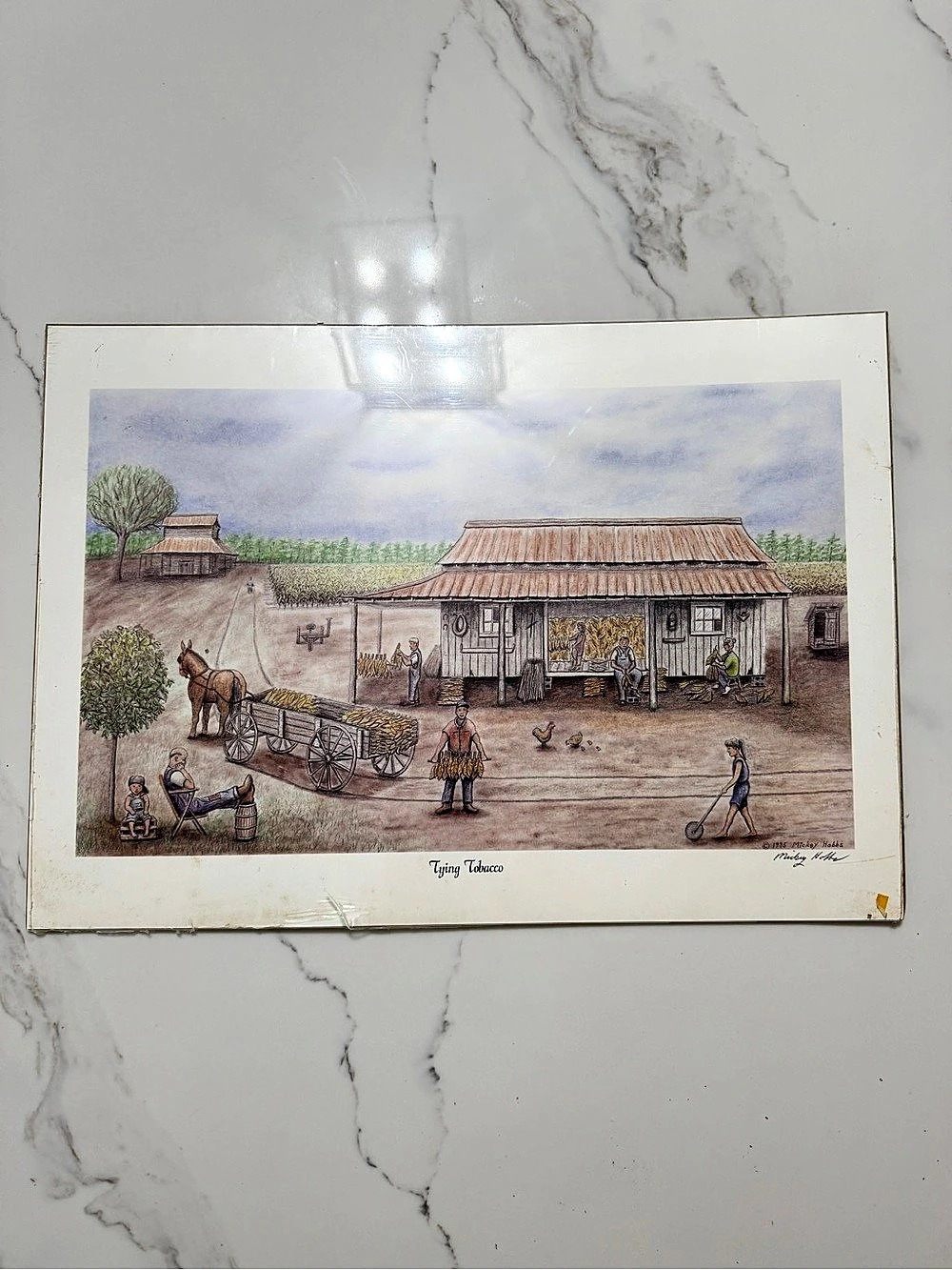 Mickey Hobbs Tying Tobacco Art Print Brown & Blue